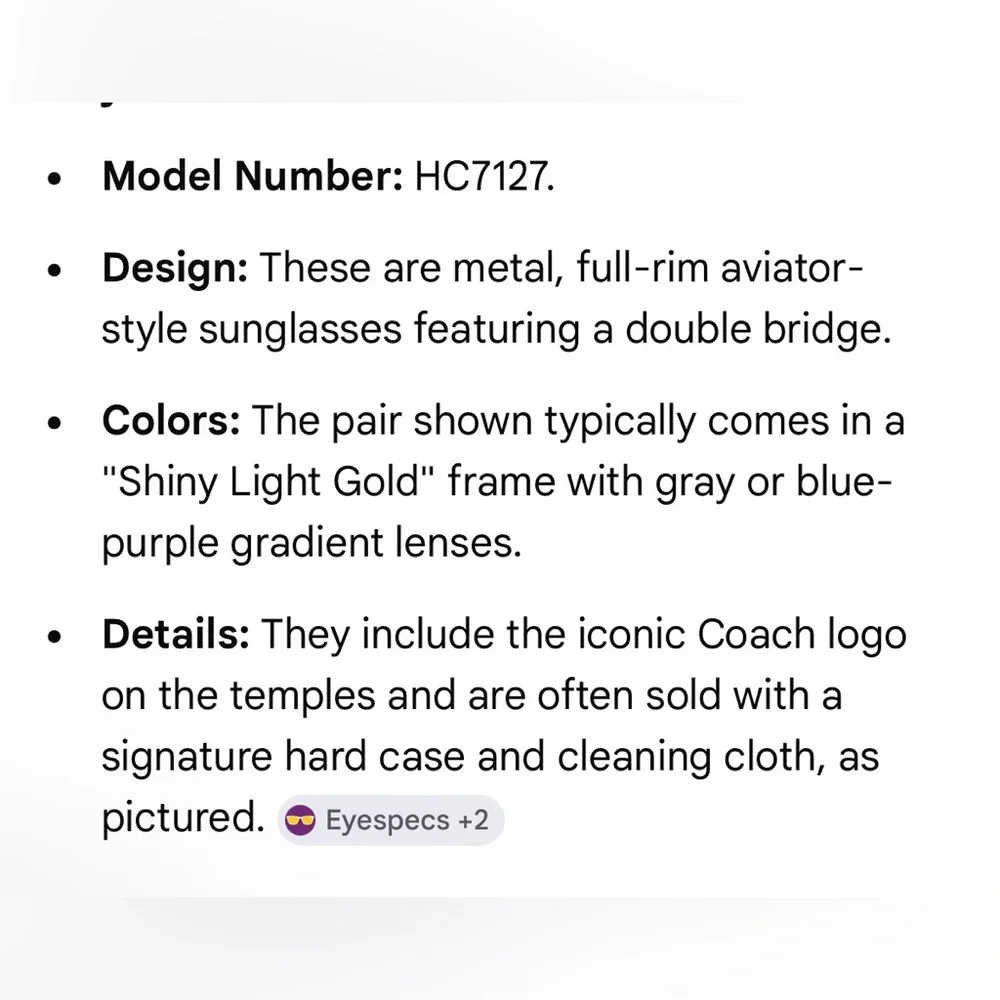 COACH Women’s Aviator Sunglasses Model Number: HC7127 NWT - Picture 7 of 7